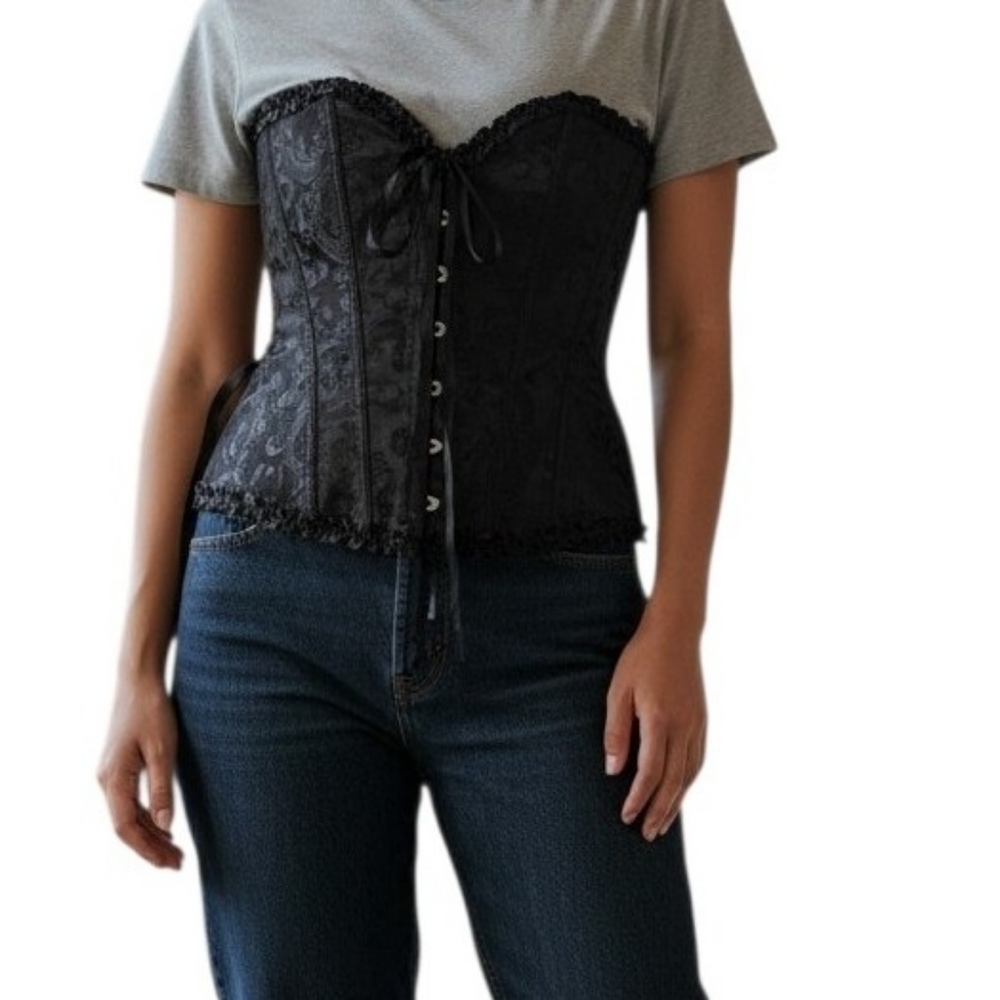 Black Textured Bustier Corset XL Ruffled Goth Steampunk